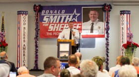 Augusta County Sheriff Donald Smith speaks to supporters at a reelection campaign event in 2023.