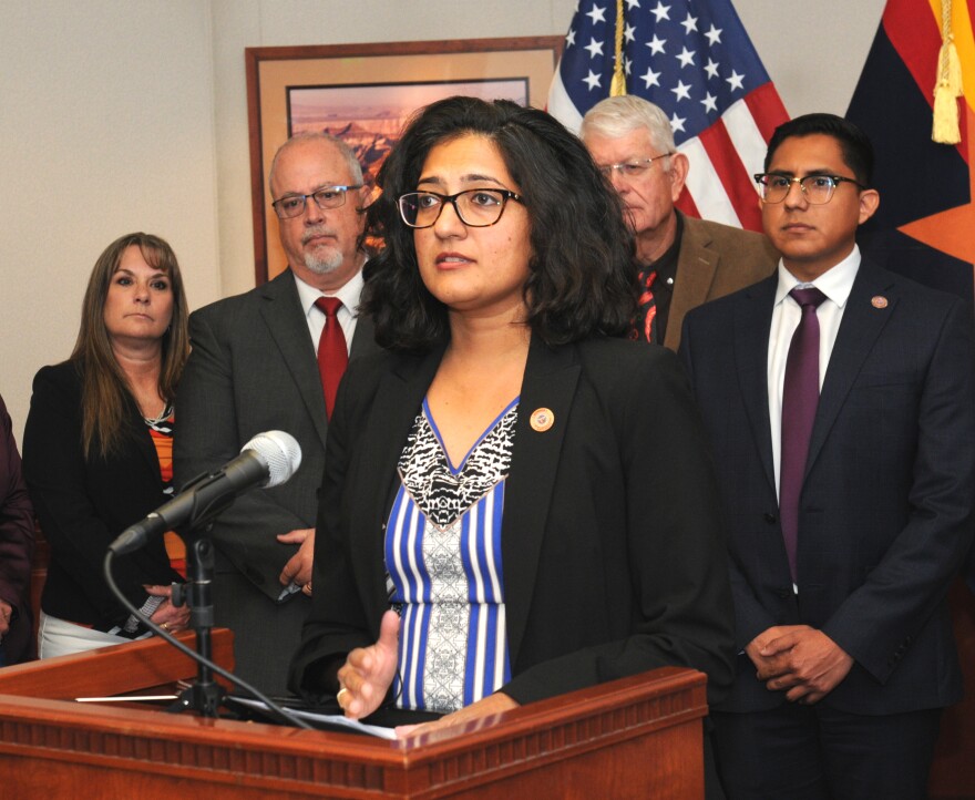 Backed by elected officials from rural areas of the state, Senate Minority Leader Priya Sundareshan explains Thursday the details of a plan to offer protections for groundwater in more areas of the state.