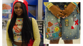 Azyia Chatmon, a sophomore at Central High, wore a car-centric look on the first-day of school including a pair of jorts featuring different road signs and a wallet chain adorned with Hot Wheels .