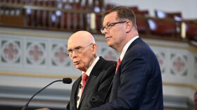 President Dallin H. Oaks (left) and Elder Clark G. Gilbert at a devotional for students of Ensign College in the Assembly Hall on Temple Square, May 17, 2022.