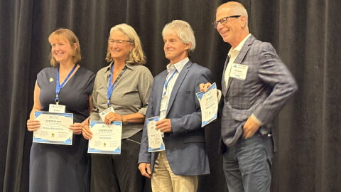(L-r) Breeze Richardson, Executive Director of Aspen Public Radio; Tami Graham, Executive Director of KSUT Public Radio; Steve Zansberg, legal counsel representing the Colorado stations in the lawsuit, and Colorado Public Radio President Stewart Vanderwilt accept the Julie J. Boucher Community Honor Roll Award at a reception in Denver in September, 2026.