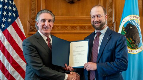 Secretary of the Interior Doug Burgum shakes hands with NANA president John Lincoln after the recent land transfer signing ceremony in Washington D.C. on July 16, 2025.
