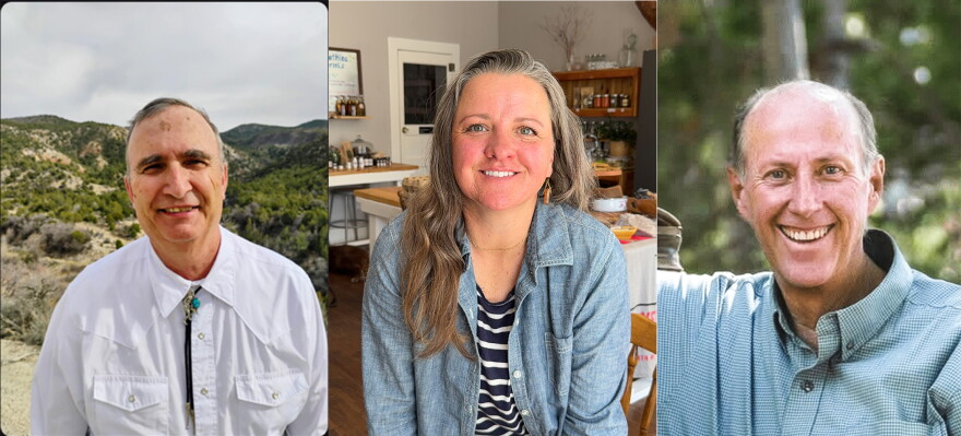 Three photos of individual people are set side-by-side in a row. The left photo shows an older white man with greying short hair and thick dark eyebrows. He wears a button down white shirt with a bolo around the collar. Sagebrush and shrubbery are behind him. The center photo is a white woman with light brown hair and grey hair on top. She wears a black and white horizontal striped shirt with a button down blue jean jacket over it. She's in a kitchen and behind her is a table against a wall with one stool, spices on the other wall in a spice rack, a white board with writing on it, a white door with a window in it. Bottles and spice jars are on the table and shelving. The floor is wooden and the walls are a very light grey. The right photo shows a white older man who is balding and has grey short hair. He smiles and is wearing a small blue and white checkered button down shirt. Tree foliage is behind him.
