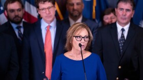 Newly appointed U.S. interim Senator, Darline Graham Nordone speaks to members of the press after being appointed to fill the vacancy created by the passing of her brother, U.S. Senator Lindsey Graham, at the statehouse Monday, July 13, 2026, in Columbia, S.C. (AP Photo/Sean Rayford)