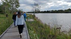 A few people walking away along a boardwalk lining a green plant and sand shoreline