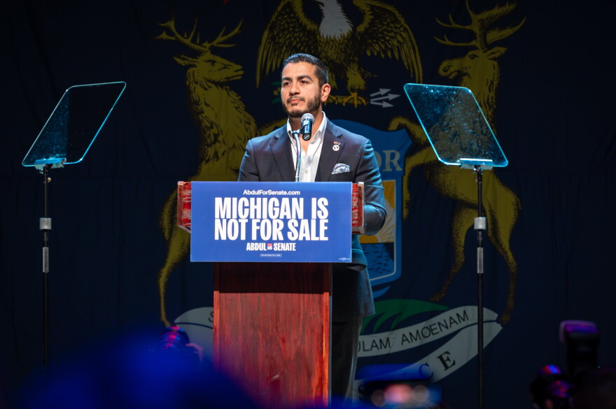 Abdul El-Sayed speaks at a campaign event during his run for U.S. Senate in 2026.