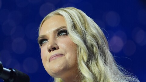 FILE - Erika Kirk speaks before President Donald Trump at a Turning Point USA event at Dream City Church, April 17, 2026, in Phoenix.