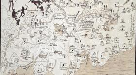 Map of New Galicia in 1550, in what is present day central Mexico. The indigenous Tepehuanes are performing human sacrifices in the top left.