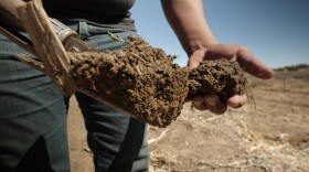 Aaron Lowden, a farmer at the Pueblo of Acoma sifts through dirt.