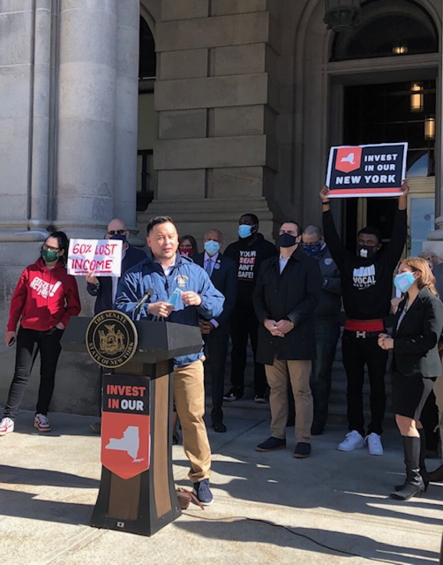 Assemlbyman Ron Kim, D-Queens, spoke at a rally to celebrate the inclusion of new taxes on the wealthy and increased school funding in the state budget, at a rally outside the State Capitol on April 7, 2021.