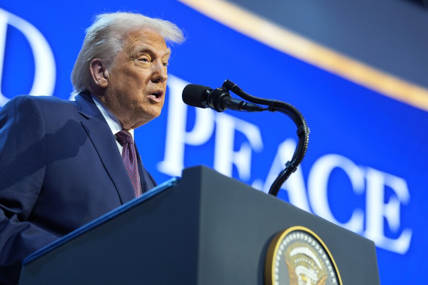 President Donald Trump speaks during a Board of Peace charter announcement during the Annual Meeting of the World Economic Forum in Davos, Switzerland, Thursday, Jan. 22, 2026.
