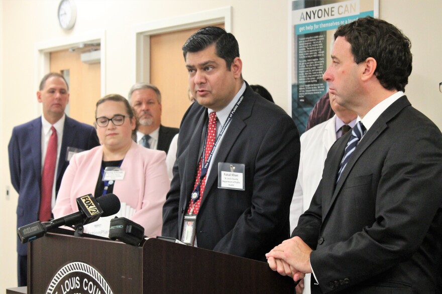 St. Louis County Health Director Faisal Khan, left, and County Executive Steve Stenger declare a public health emergency due to the opioid crisis, at a press conference Thursday in Berkeley. 