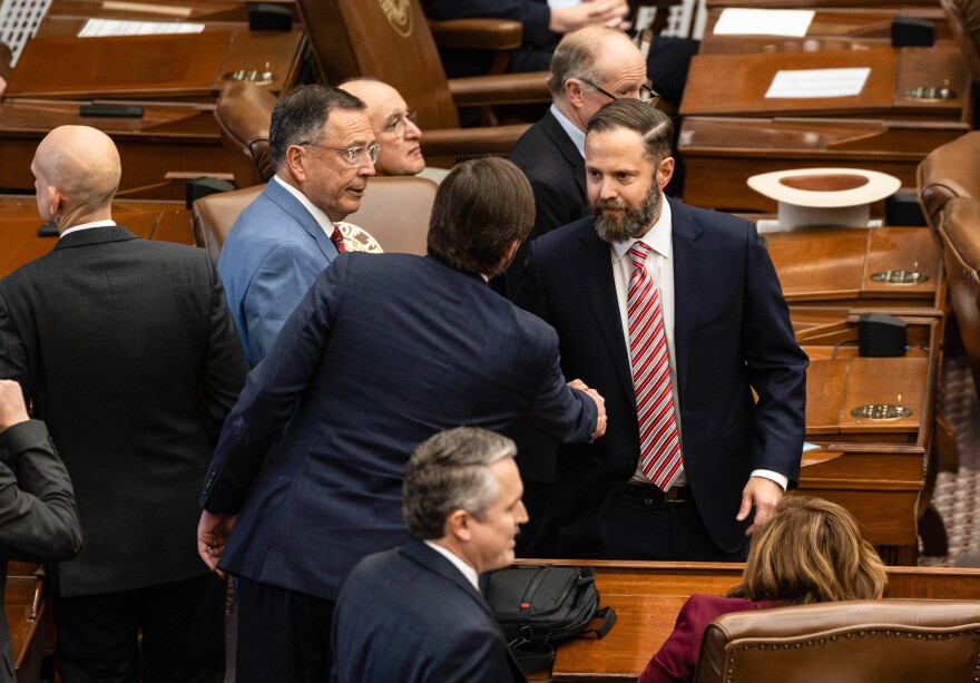Rep. Dustin Burrows of Lubbock is congratulated after getting the votes to secure the House speaker position.