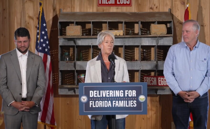 Robin Safley, CEO of Feeding Florida, talked about the delivery of 5.67 million Grade A eggs to food banks and pantries serving every county in the state. The eggs are Florida’s share of a nationwide settlement that returns a breakfast staple to families who felt rising prices at the checkout line. Safley joined Florida Attorney General James Uthmeier, left, and Florida Commissioner of Agriculture Wilton Simpson, right, to announce the settlement Wednesday.