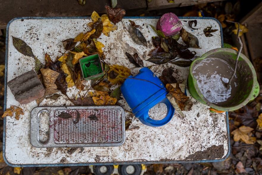 A play table at the Kallemach forest preschool, or Waldkindergarten, in Munich, Germany. Nov. 3, 2020.