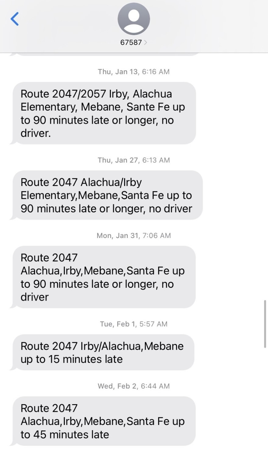 This screenshot shows the frequency in which some parents get alerts notifying them that their child’s bus is running late. “My daughter doesn’t even like to ride the bus in the morning anymore because, I feel like, it gives her anxiety,” Michelle Vickers said. “She doesn’t know whether they’re gonna be there or who’s gonna be there to pick her up.” (Courtesy of Michelle Vickers)