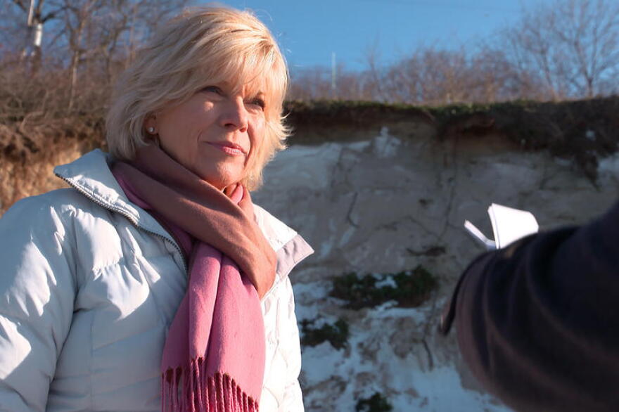 Chicago native Nancy Schwab stands in front of a large scour that is threatening her vacation home in Beverly Shores, Indiana.