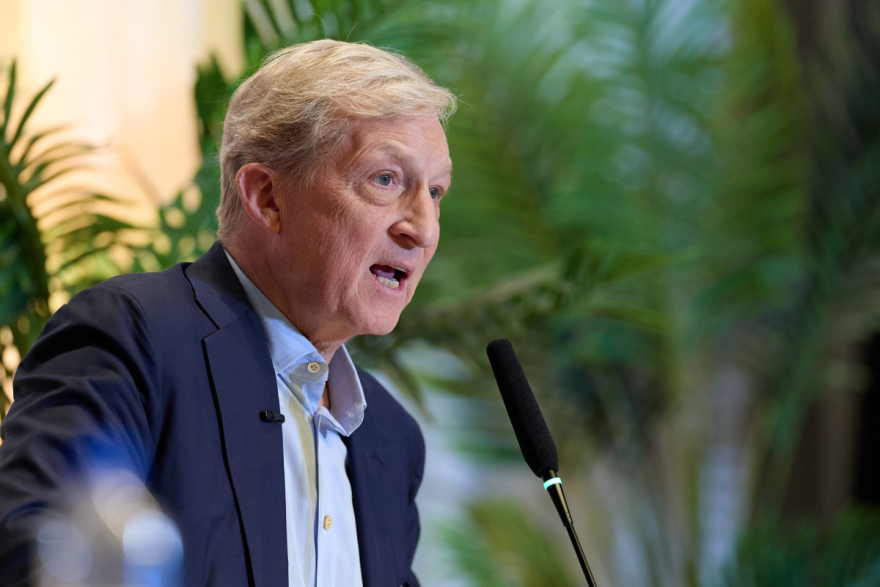 Tom Steyer speaks during a gubernatorial candidate forum hosted by California Immigrant Policy Center, California Latino Legislative Caucus Foundation, and ACLU California Action at the SAFE Credit Union Convention Center in Sacramento on April 14, 2026.