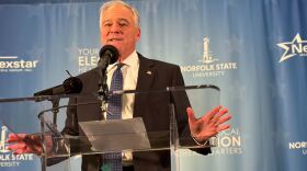 U.S. Sen. Tim Kaine talks to the media after a debate at Norfolk State University on Oct. 2, 2024.