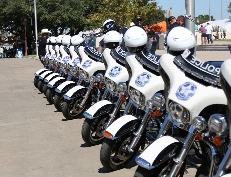  Dallas Police motorcycles parked in a line at the State Fair of Texas.