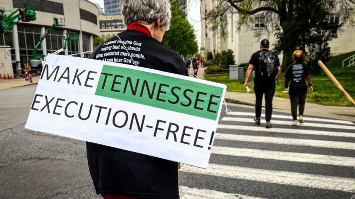 Protesters enter the last leg of the 9-mile walk from Riverbend Maximum Security Institution to War Memorial Plaza in an Easter Sunday anti-death penalty March4Mercy in 2022.