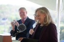 From left, Virginia Delegate Tony Wilt and Secretary of Transportation Nick Donohue look on as Gov. Abigail Spanberger takes the podium outside Rocktown High School to announce the start of an Interstate 81 widening project in Harrisonburg. This will add a third lane in both directions between mile markers 242 and 248.