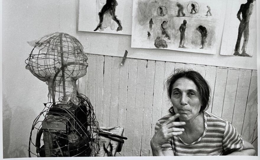 Undated photo of artist June Leaf in her studio.