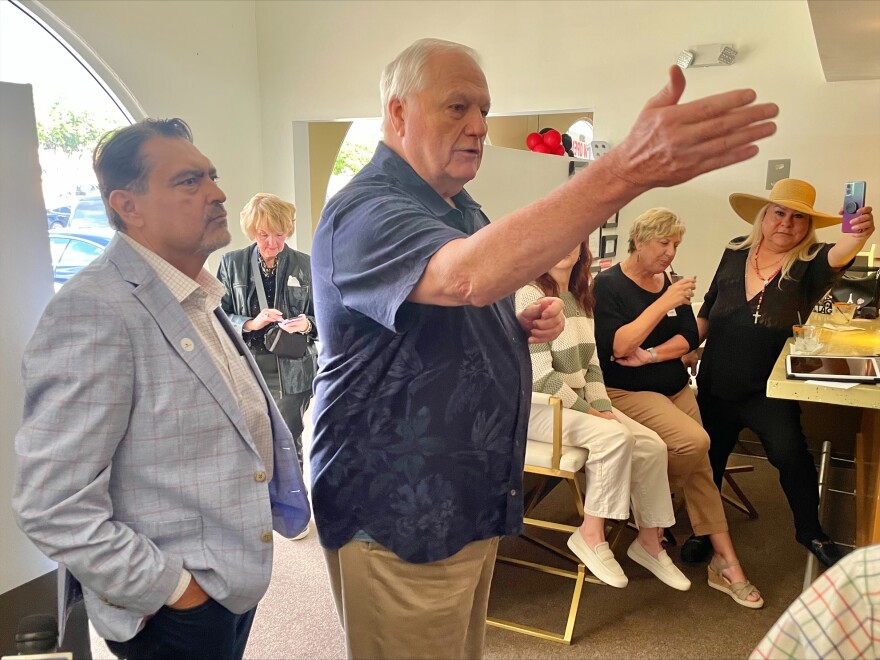 Retired WFAA-TV (Ch.8) sports broadcaster Dale Hansen speaks about his new podcast on May 29, 2025 at Cinco Cocinas in Dallas. The show, "Dallas Dialogue with Dale Hansen," is an offshoot of "Beyond the Policy" podcast, hosted by Mark Villasana (left) and Lila Levy.