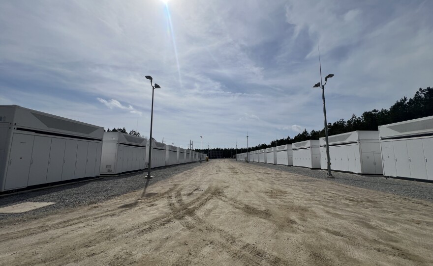 The Knightdale Battery Energy Storage Center on March 5, 2026. Inside each of these containers are hundreds of rechargeable batteries that can be deployed to Duke Energy's grid during times of peak demand.