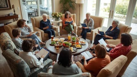 A group of women sit in comfy chairs arranged in a circle talking about books. 