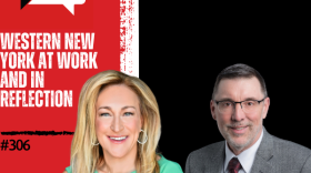 Background from left to right: red, then a vertical, thick white stripe in the middle, then black. from left to right: WN logo in the top corner, "WESTERN NEW YORK AT WORK AND IN REFLECTION" in white text and "#306" in black text over the red and then photos of Megan Gorman and Tom Ulbrich on the right over the black.