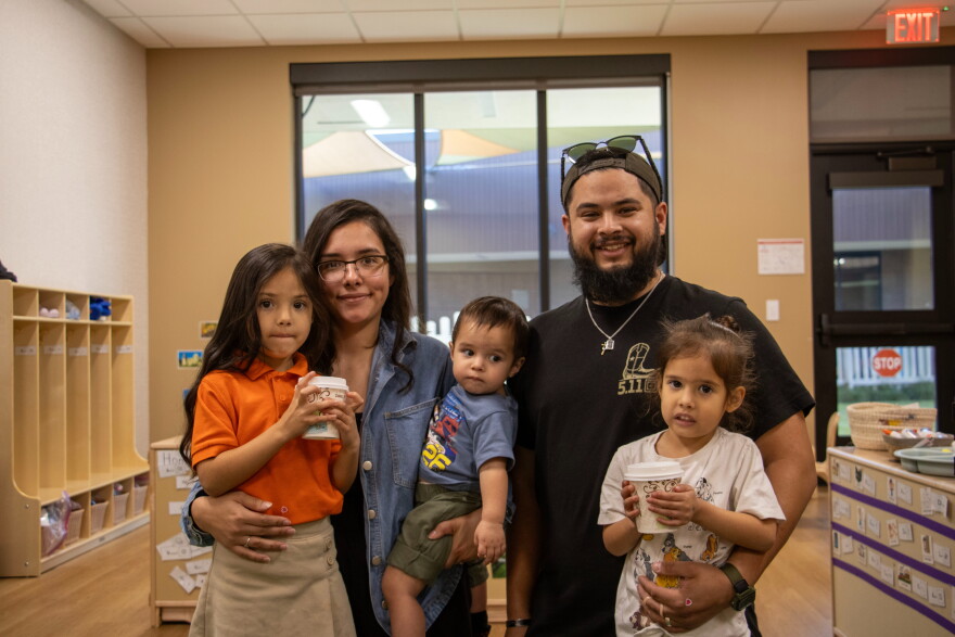 The Lopez family in one of the Pre-K 4 SA classrooms on Tuesday, Oct. 20, 2026. Since connecting with Pre-K 4 SA, dad Alex Lopez has returned to school to pursue his dream of becoming an early childhood educator.