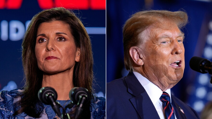 Left: Republican presidential candidate, former U.N. Ambassador Nikki Haley delivers remarks at her primary-night rally at the Grappone Conference Center on January 23, 2024 in Concord, N.H. Right: Republican presidential candidate former President Donald Trump speaks at a primary election night party in Nashua, N.H., Tuesday, Jan. 23, 2024.