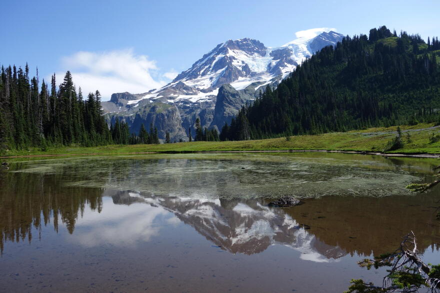 A mountain with snow on it is seen in the background of a grassy landscape with a lake in the foreground showing its reflection.