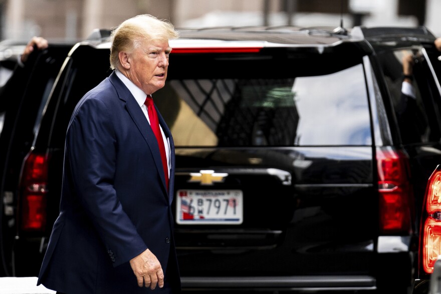 Former President Donald Trump departs Trump Tower, Wednesday, Aug. 10, 2022, in New York, on his way to the New York attorney general's office for a deposition in a civil investigation. (AP Photo/Julia Nikhinson)