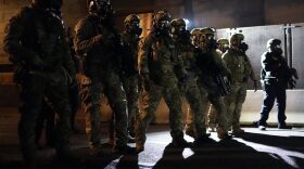 Federal officers form a police line in front of the Mark O. Hatfield U.S. Courthouse in the early hours in Portland, Oregon.