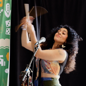 Local musician Mica Far joined The Fabulous 413 for a pop-up performance at the 2026 Green River Festival.