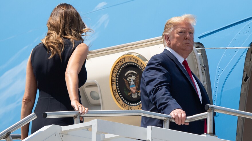 President Trump board Air Force One in Ohio before departing for Texas to meet with victims of the mass shooting in El Paso. [Saul Loeb / AFP/Getty Images]