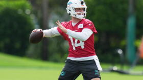 Miami Dolphins quarterback Kyle McCord (14) does drills during practice at the team's NFL football training complex, Tuesday, Sept. 1, 2026, in Miami Gardens, Fla. (Lynne Sladky/AP)