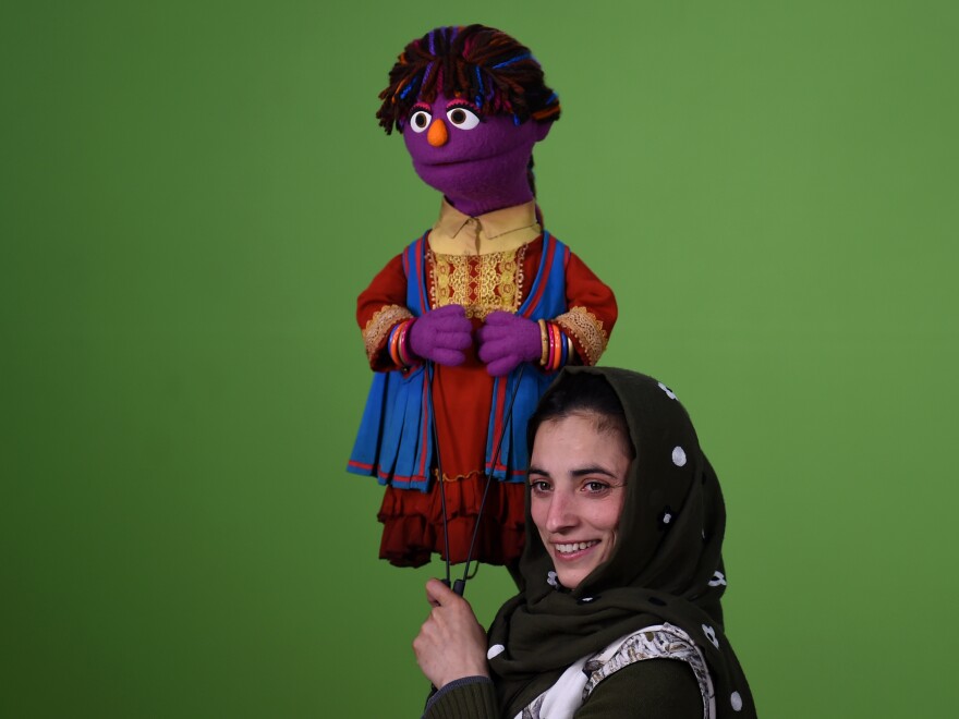 With purple skin and an orange nose, her multi-colored braids wrapped in a headscarf, Zari is Sesame Street's first female Afghan Muppet. Held by Afghan puppeteer Seema Sultani, Zari helps promote education for girls.