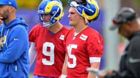 Los Angeles Rams quarterbacks Matthew Stafford (9) and Ty Simpson (15) look on during the NFL football team's practice Thursday, May 28, 2026, in Los Angeles. (AP Photo/Jayne Kamin-Oncea)