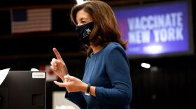 Lt. Governor Kathy Hochul speaks at the January 2021 opening of the state-run COVID-19 vaccination site at the Dome Arena.