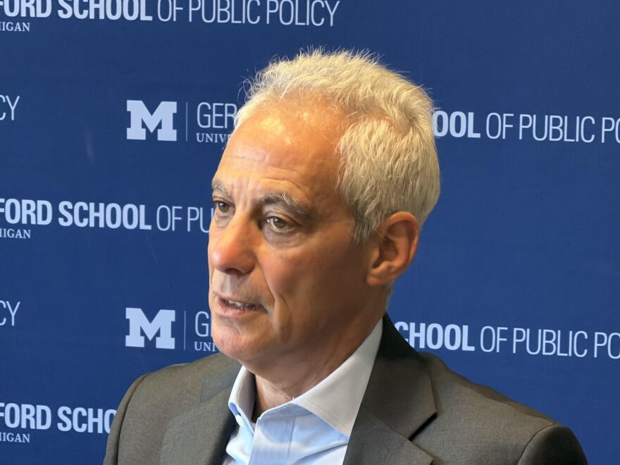 Rahm Emanuel at the University of Michigan following his address in Detroit on February 17, 2026.