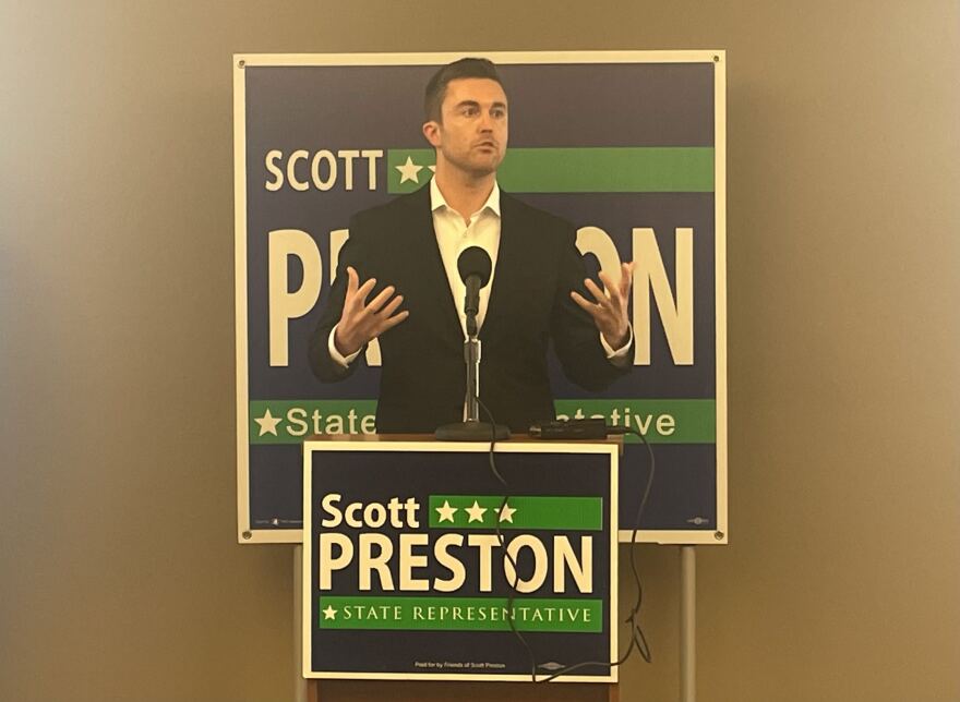 Scott Preston at a campaign-hosted press conference at the McLean County Chamber of Commerce on Monday, Oct. 3, 2022.