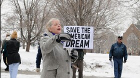 A protester at Saturday's MEA-sponsored rally in Lansing