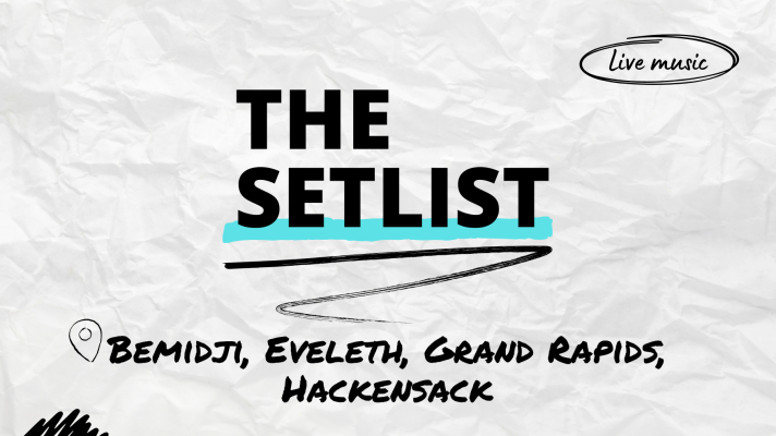 "The Setlist" and "Bemidji, Eveleth, Grand Rapids, Hackensack written over a crumpled paper background. 
