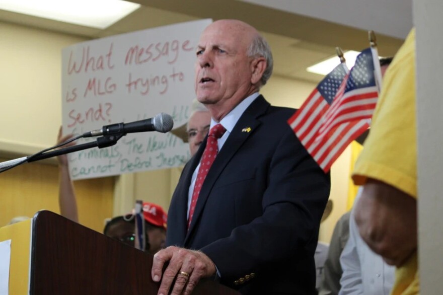 Republican Party of New Mexico Chairman Steve Pearce speaks during a news conference at party headquarters in Albuquerque, N.M., Sept. 12, 2023.