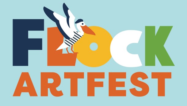 Colorful lettering spelling out "Flock Artfest" with an illustrated bird wearing a barrette"