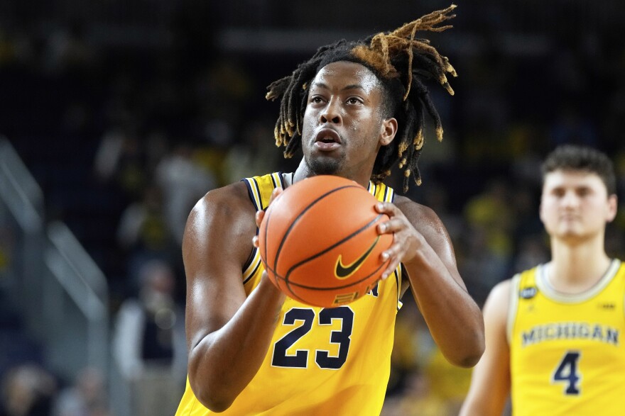 Michigan forward Gregg Glenn III shoots a free throw during the second half of an NCAA college exhibition basketball game against Ferris State, Friday, Nov. 4, 2022, in Ann Arbor, Mich. (AP Photo/Carlos Osorio)
