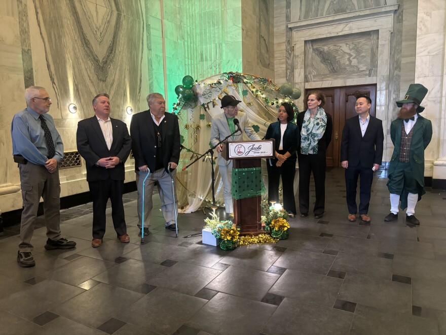 Mayor Dorcey Applyrs and other local elected officials and dignitaries gathered Friday morning to highlight the city's 75th annual St. Patrick's Day parade.